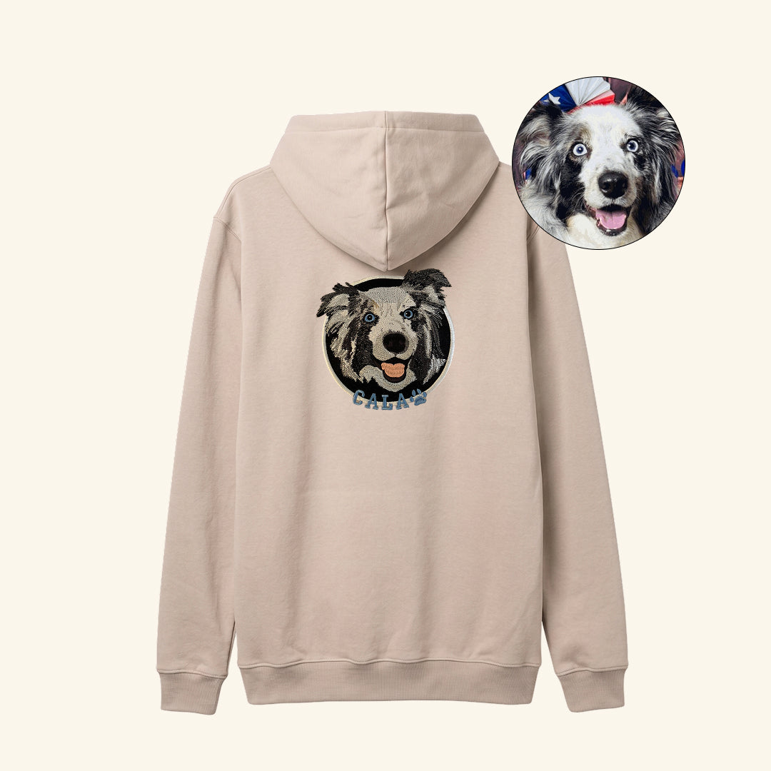 Hoodie con retrato de mascota bordado en la espalda