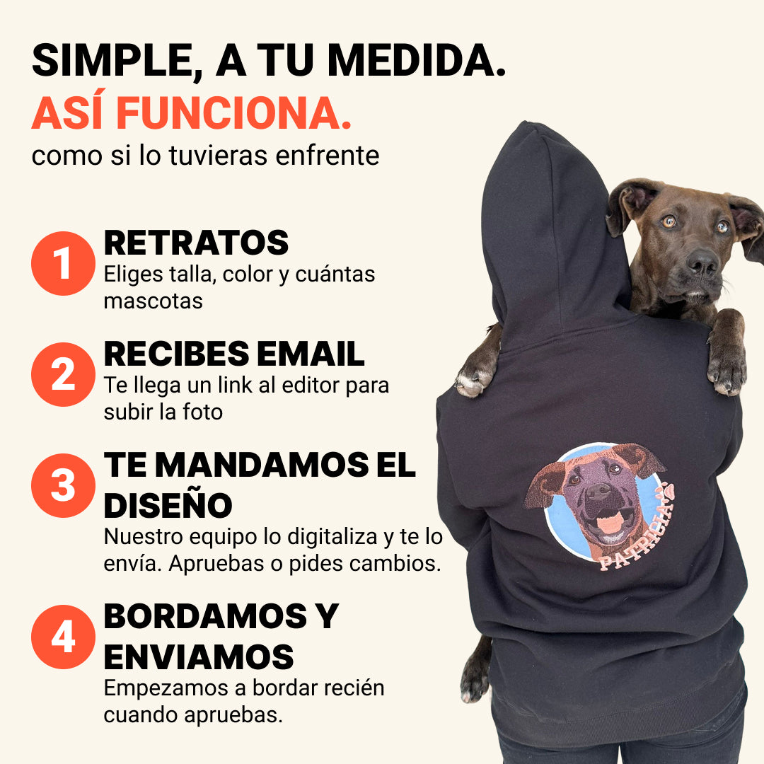 Hoodie con retrato de mascota bordado en la espalda