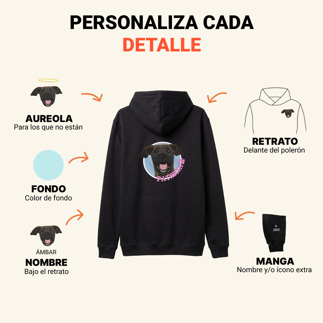 Hoodie con retrato de mascota bordado en la espalda