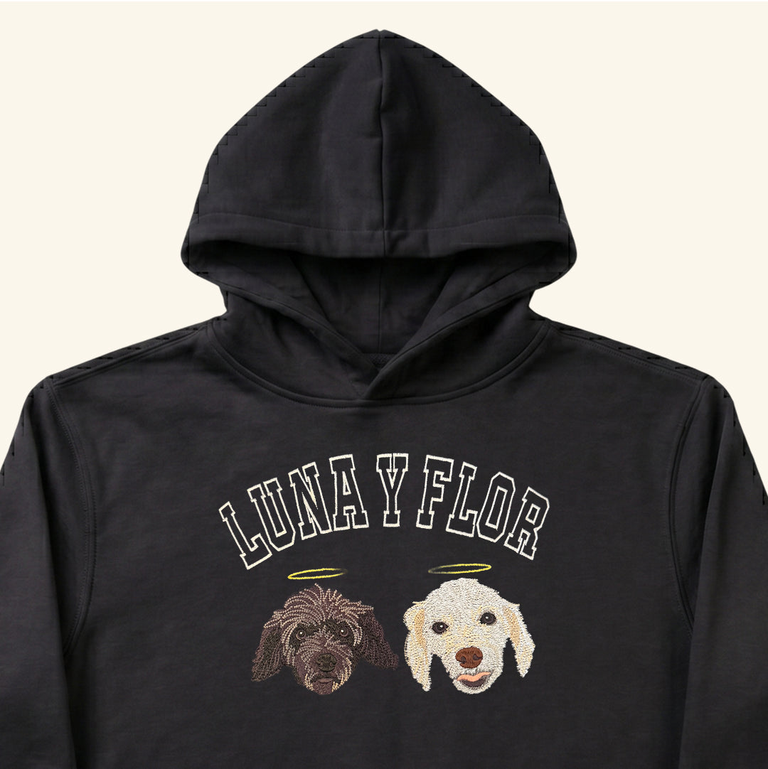 Hoodie college bordado con retrato de mascota