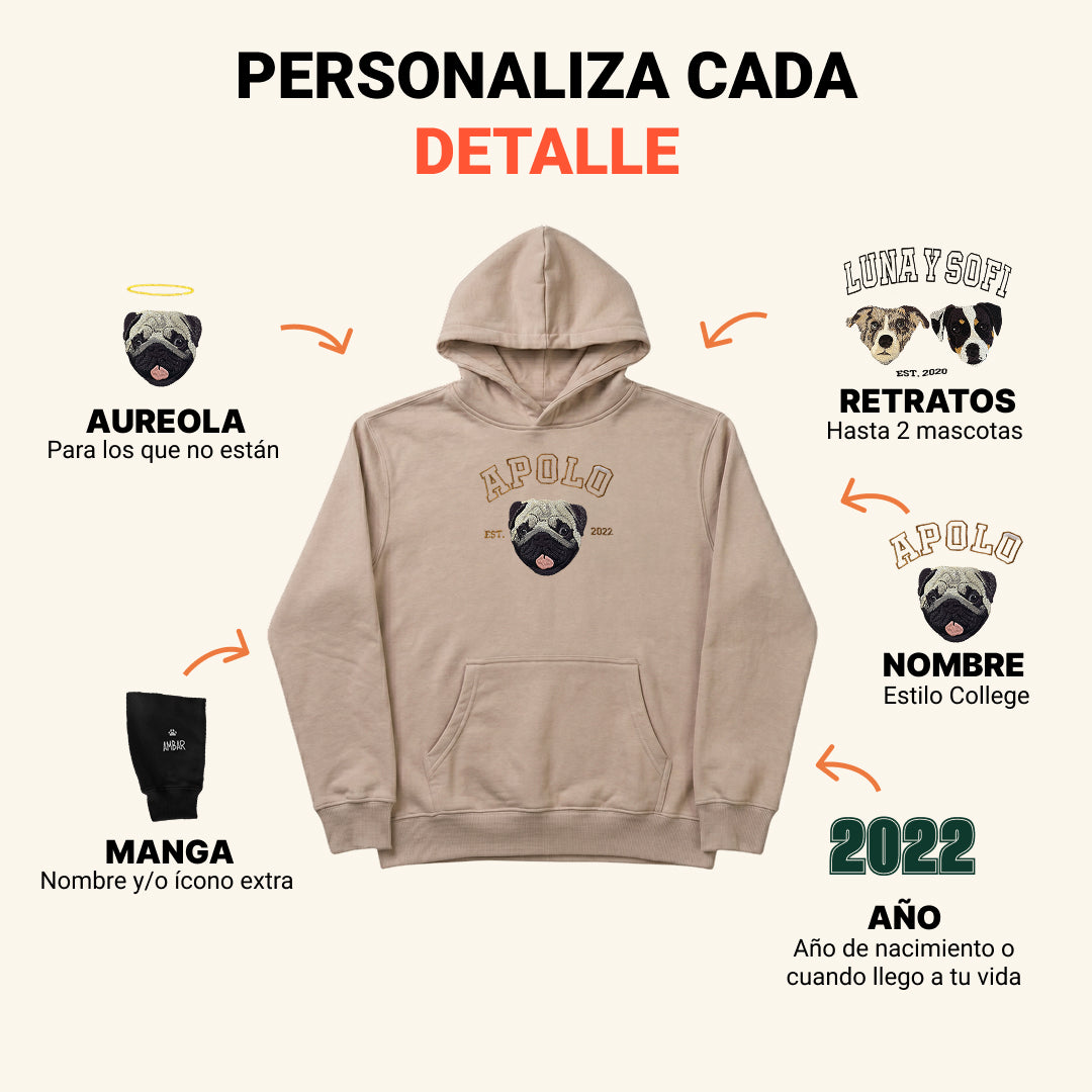 Hoodie college bordado con retrato de mascota
