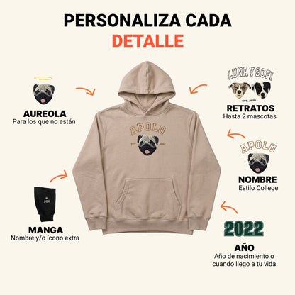 Hoodie college bordado con retrato de mascota