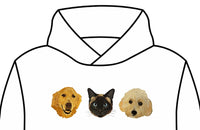 Hoodie Malcriados con tres retratos bordados: golden retriever, gato siamés y caniche