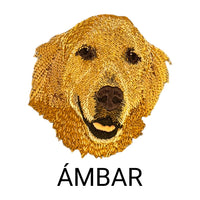 Retrato bordado de un golden retriever con el nombre Ámbar bordado debajo
