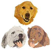 Tres retratos bordados de mascotas: ovejero, golden retriever y perro de raza mixta