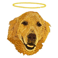 Retrato bordado de mascota con una aureola dorada sobre la cabeza