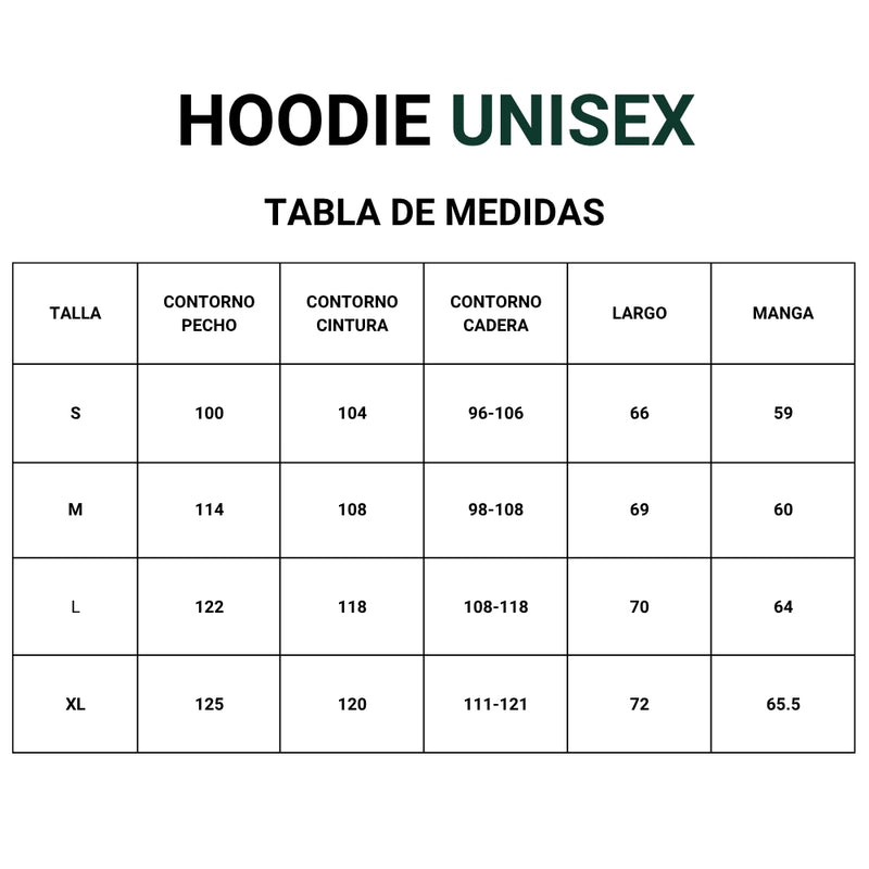 Size chart for Hoodie college 2 mascotas bordadas fullcolor